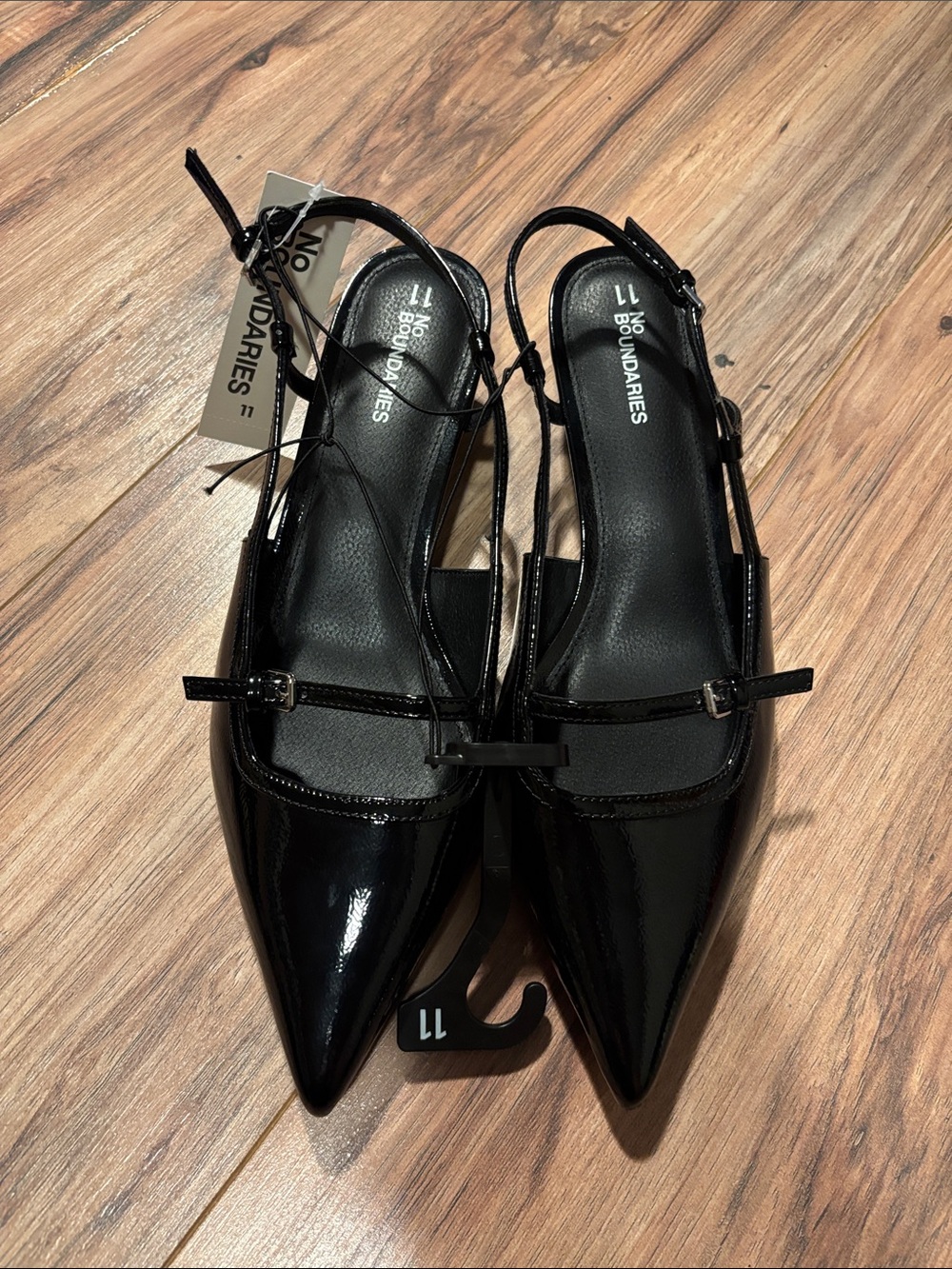 No Boundaries Black Patent Pointed Slingback Flats with Strap Detail